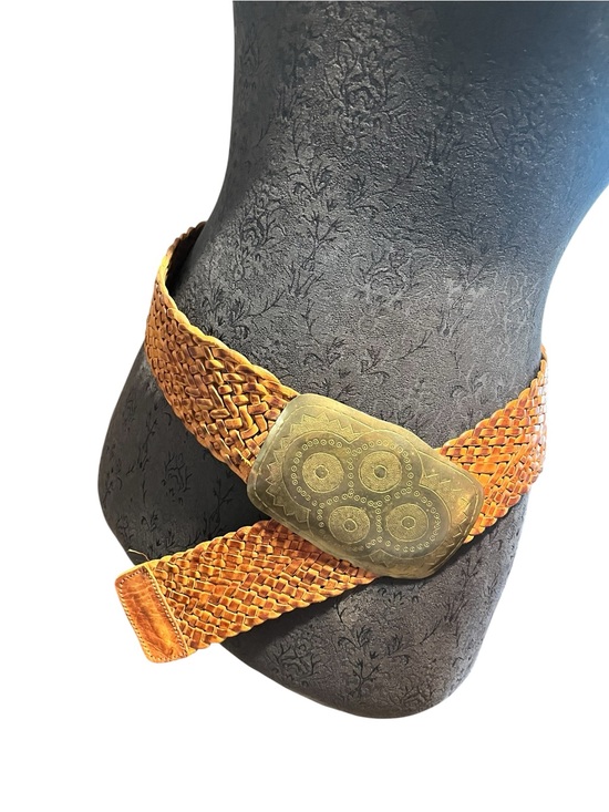 Moroccan Leather Wide Woven Belt Hand Tooled Brass Buckle Large Boho Festival main image 6
